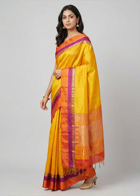 Yellow Handloom Kanchipuram Pure Silk Saree With Blouse Piece