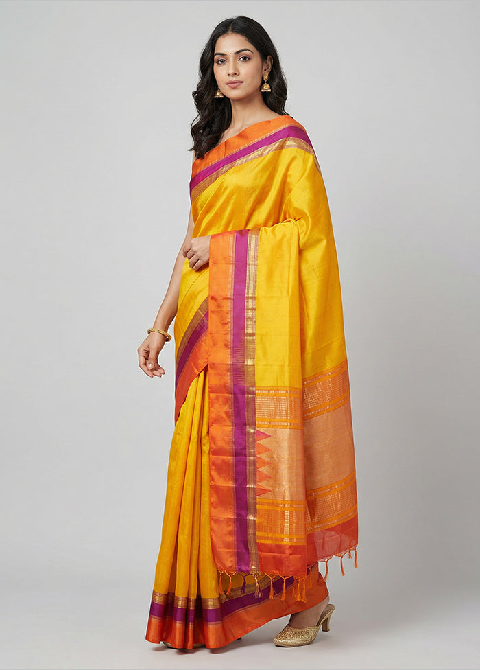 Yellow Handloom Kanchipuram Pure Silk Saree With Blouse Piece