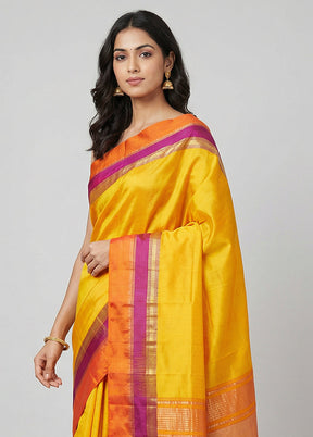 Yellow Handloom Kanchipuram Pure Silk Saree With Blouse Piece