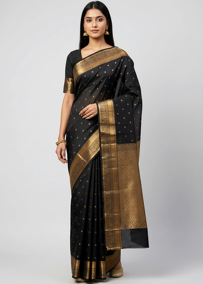 Black Handloom Kanjivaram Pure Silk Saree With Blouse Piece