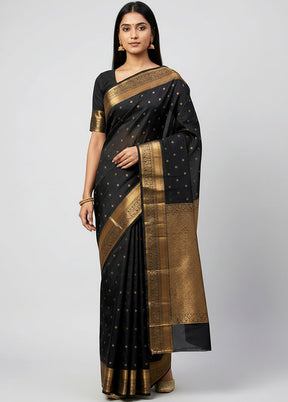 Black Handloom Kanjivaram Pure Silk Saree With Blouse Piece