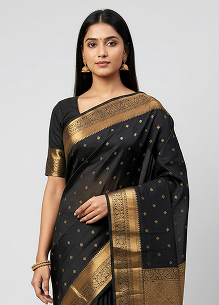 Black Handloom Kanjivaram Pure Silk Saree With Blouse Piece