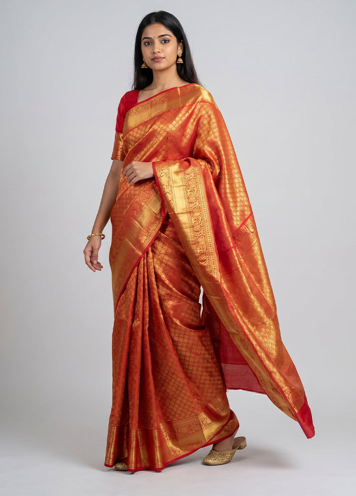 Red Handloom Kanjivaram Pure Silk Saree With Blouse Piece