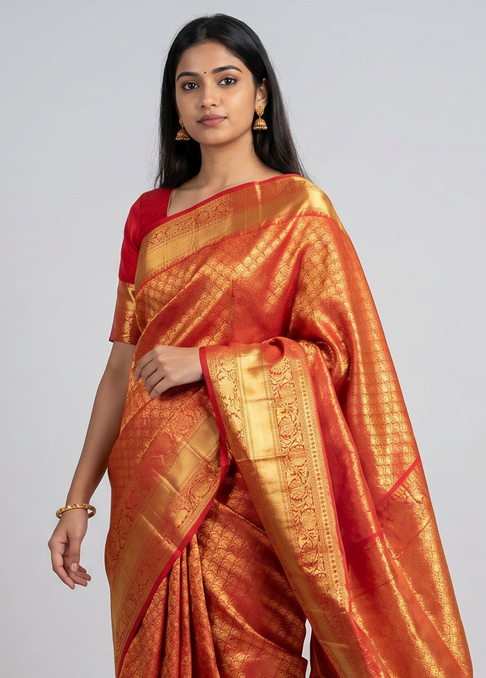 Red Handloom Kanjivaram Pure Silk Saree With Blouse Piece
