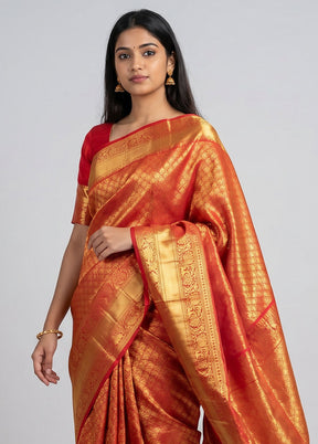 Red Handloom Kanjivaram Pure Silk Saree With Blouse Piece