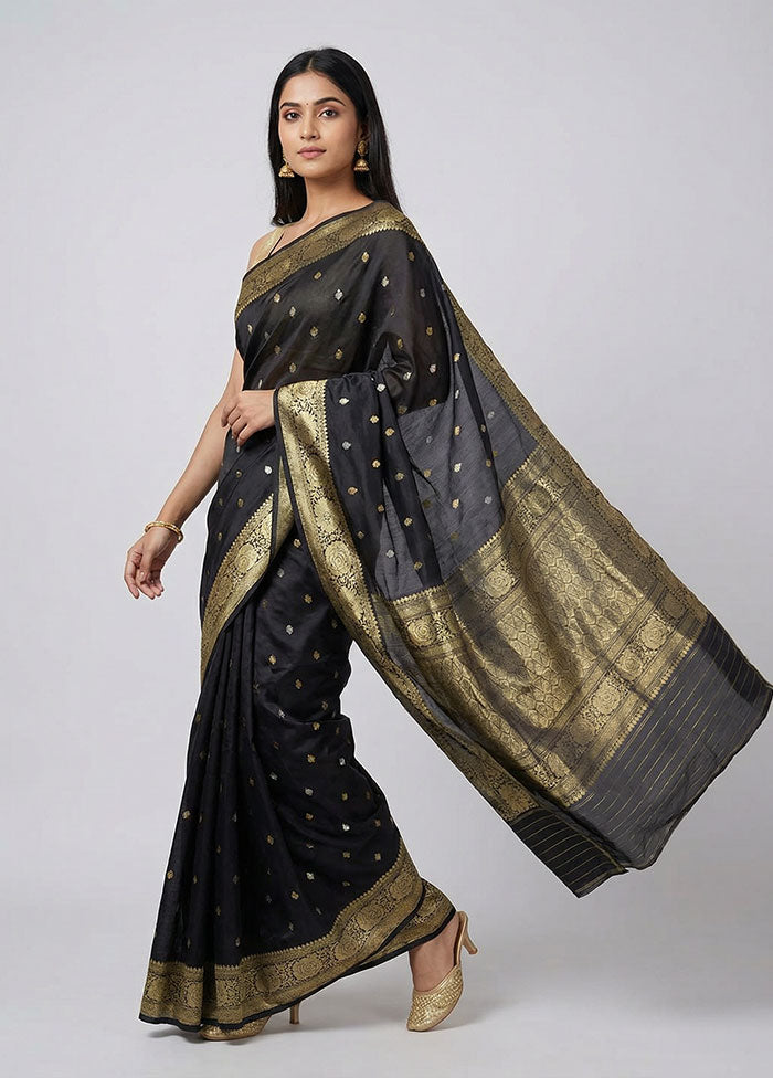 Black Handloom Katan Pure Silk Saree With Blouse Piece