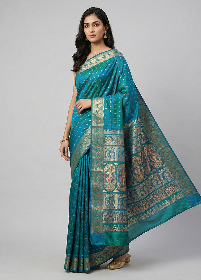 Blue Handloom Baluchari Pure Silk Saree With Blouse Piece