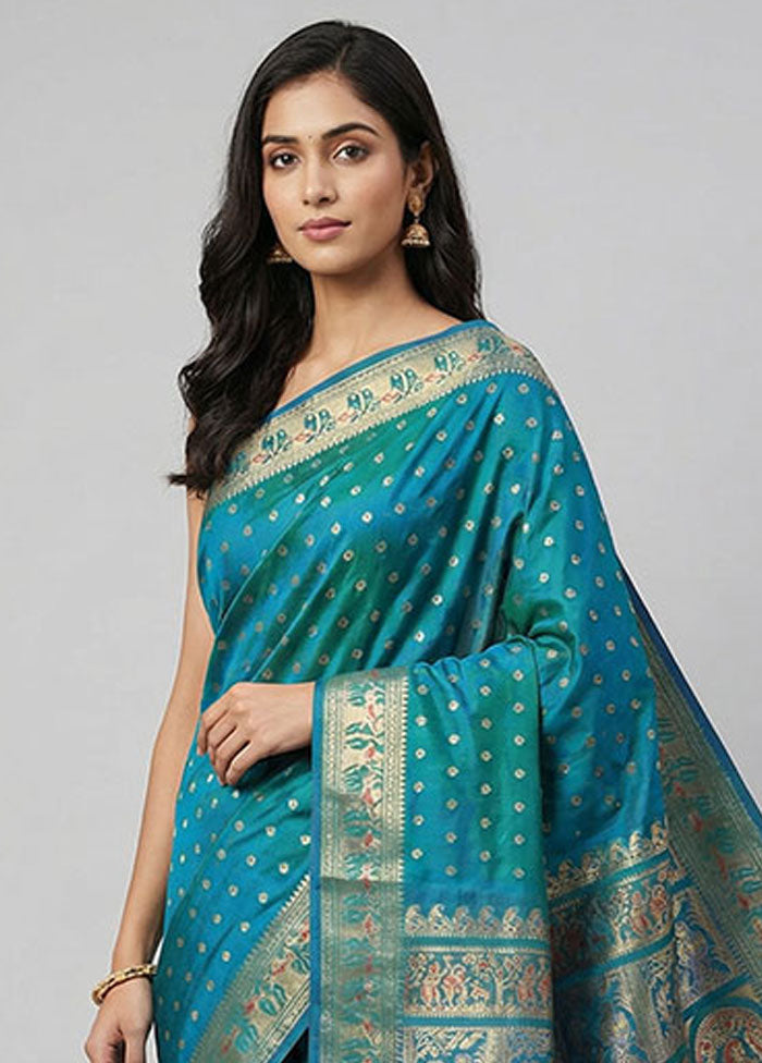 Blue Handloom Baluchari Pure Silk Saree With Blouse Piece