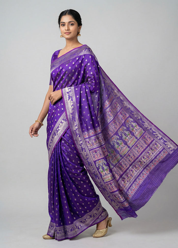 Purple Handloom Baluchari Pure Silk Saree With Blouse Piece