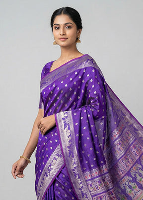 Purple Handloom Baluchari Pure Silk Saree With Blouse Piece