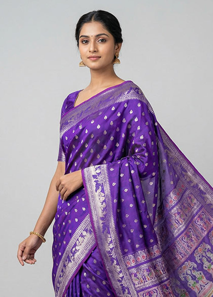 Purple Handloom Baluchari Pure Silk Saree With Blouse Piece