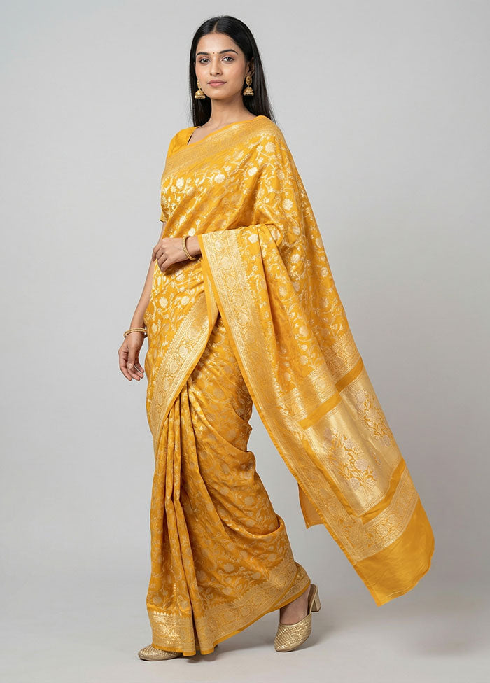 Yellow Handloom Pure Georgette Saree With Blouse Piece