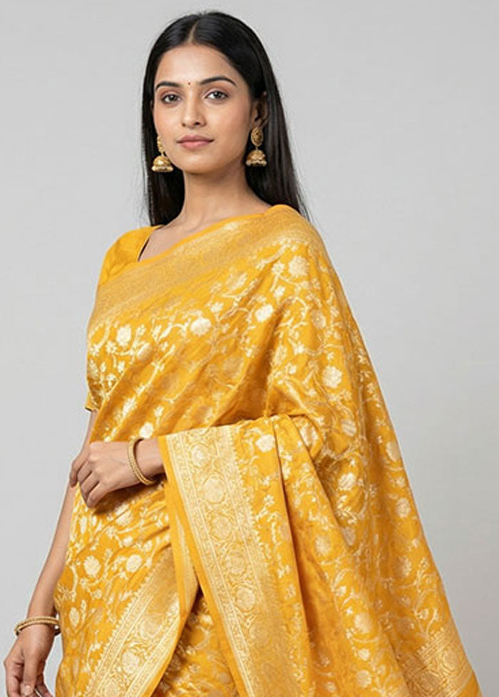 Yellow Handloom Pure Georgette Saree With Blouse Piece