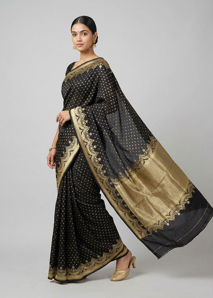 Black Handloom Pure Georgette Saree With Blouse Piece