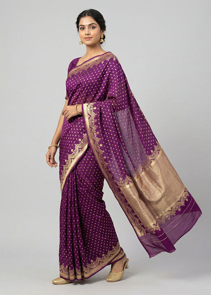 Purple Handloom Pure Georgette Saree With Blouse Piece