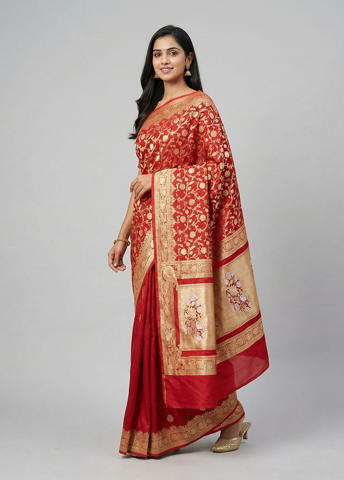 Red Handloom Pure Georgette Saree With Blouse Piece