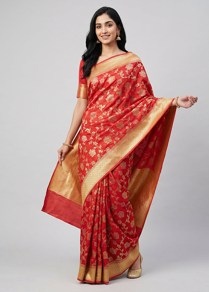 Red Handloom Pure Georgette Saree With Blouse Piece