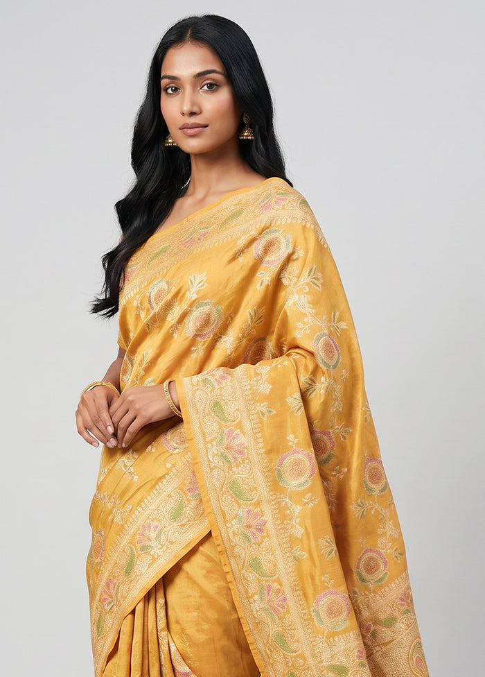 Yellow Handloom Pure Georgette Saree With Blouse Piece