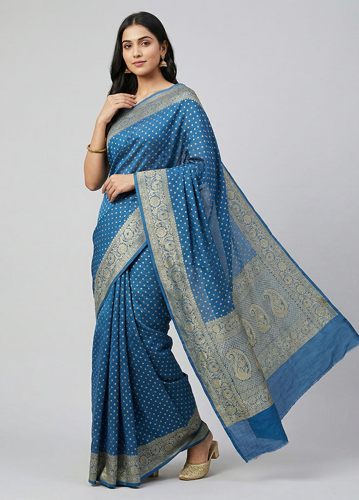 Blue Handloom Pure Georgette Saree With Blouse Piece