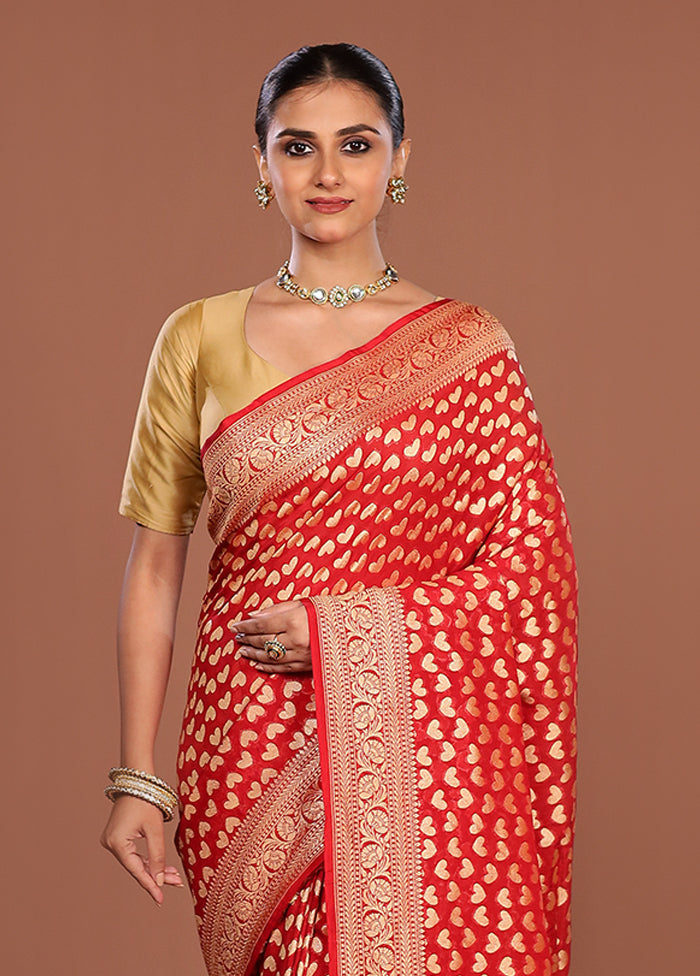 Red Handloom Pure Georgette Saree With Blouse Piece