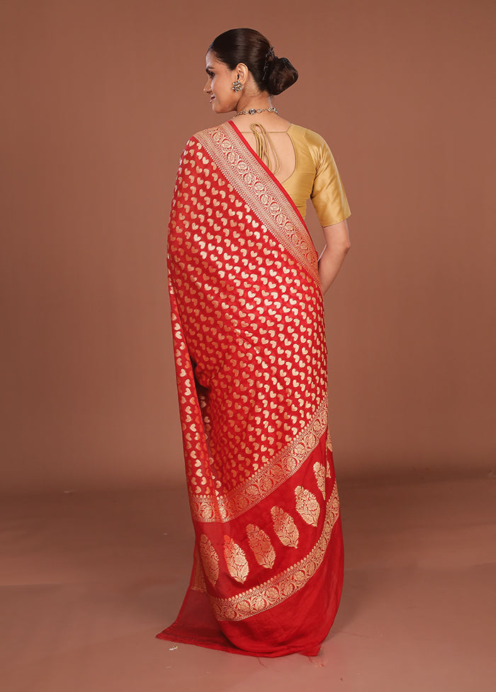 Red Handloom Pure Georgette Saree With Blouse Piece