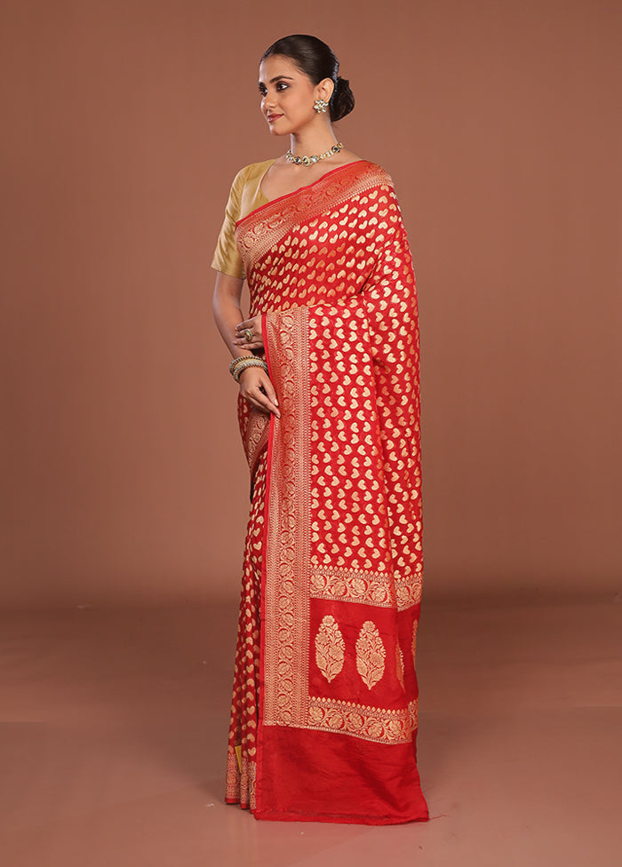 Red Handloom Pure Georgette Saree With Blouse Piece