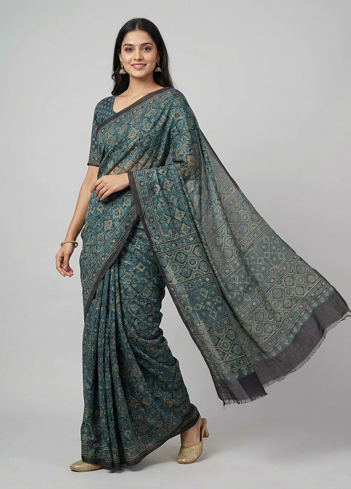 Blue Printed Pure Silk Saree Without Blouse Piece