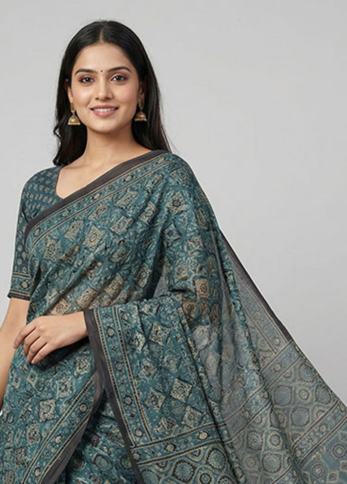 Blue Printed Pure Silk Saree Without Blouse Piece