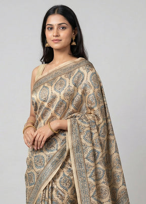 Cream Printed Pure Silk Saree Without Blouse Piece