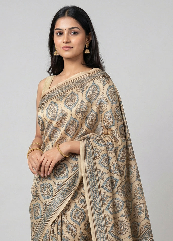 Cream Printed Pure Silk Saree Without Blouse Piece