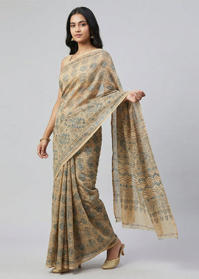 Cream Printed Pure Silk Saree Without Blouse Piece