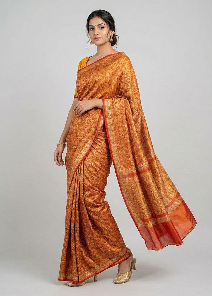 Orange Handloom Jamewar Pure Silk Saree With Blouse Piece