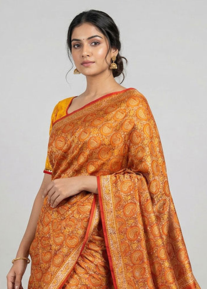 Orange Handloom Jamewar Pure Silk Saree With Blouse Piece