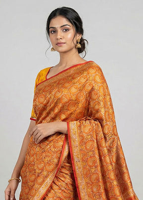 Orange Handloom Jamewar Pure Silk Saree With Blouse Piece