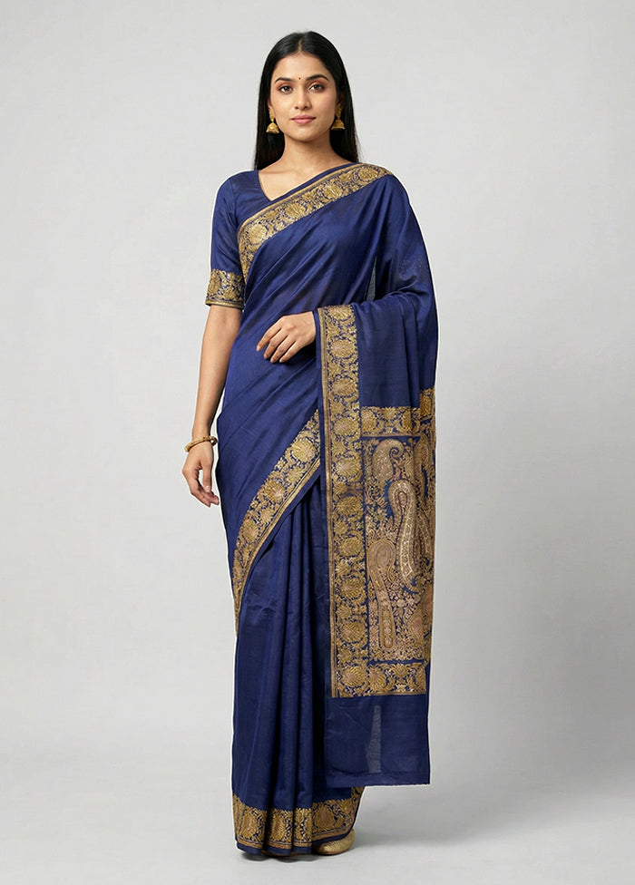 Blue Handloom Banarasi Pure Silk Saree With Blouse Piece