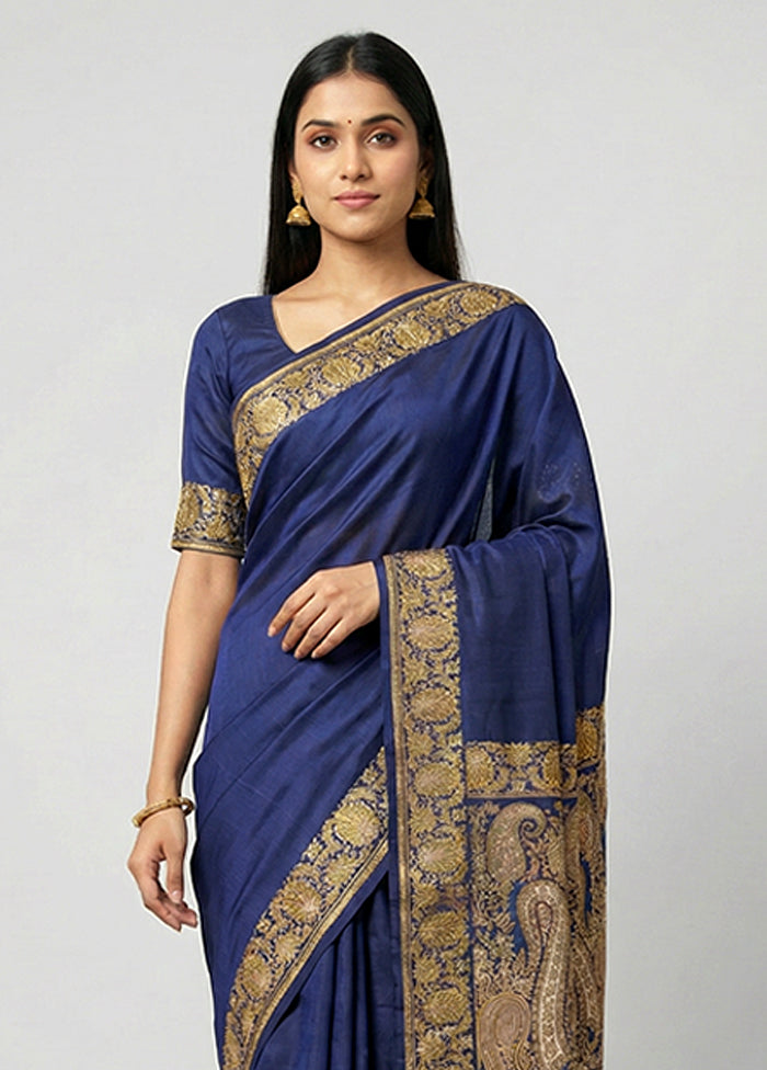 Blue Handloom Banarasi Pure Silk Saree With Blouse Piece