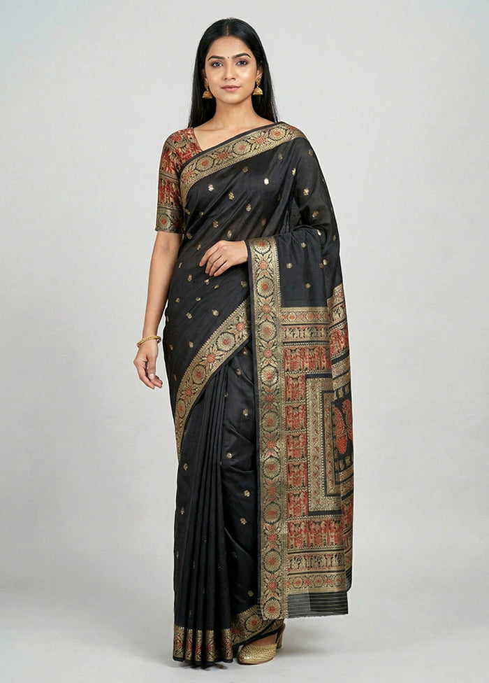 Black Handloom Baluchari Pure Silk Saree With Blouse Piece