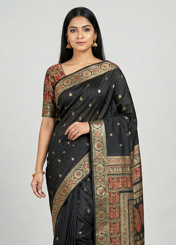 Black Handloom Baluchari Pure Silk Saree With Blouse Piece