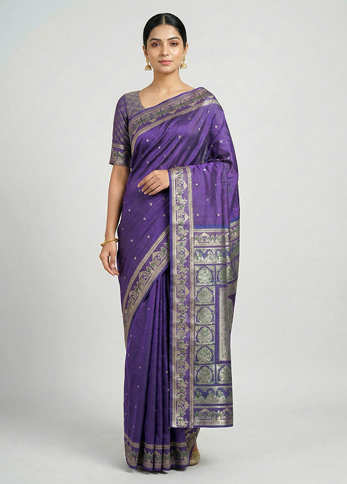 Purple Handloom Baluchari Pure Silk Saree With Blouse Piece