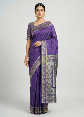 Purple Handloom Baluchari Pure Silk Saree With Blouse Piece