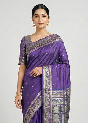 Purple Handloom Baluchari Pure Silk Saree With Blouse Piece