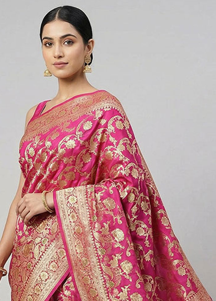 Pink Banarasi Silk Saree With Blouse Piece