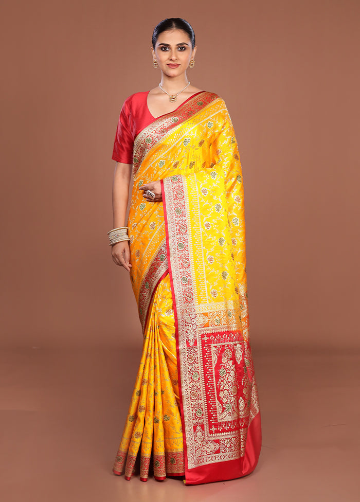 Yellow Banarasi Silk Saree With Blouse Piece