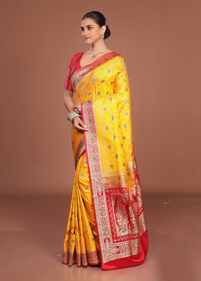 Yellow Banarasi Silk Saree With Blouse Piece