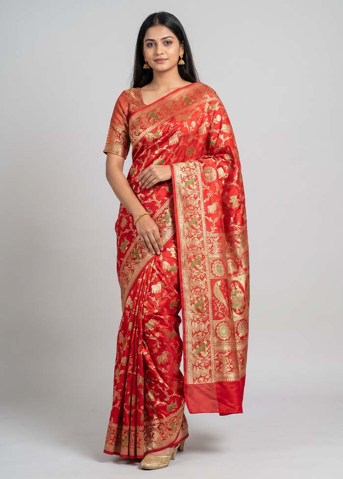 Red Handloom Banarasi Pure Silk Saree With Blouse Piece