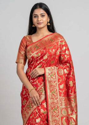 Red Handloom Banarasi Pure Silk Saree With Blouse Piece