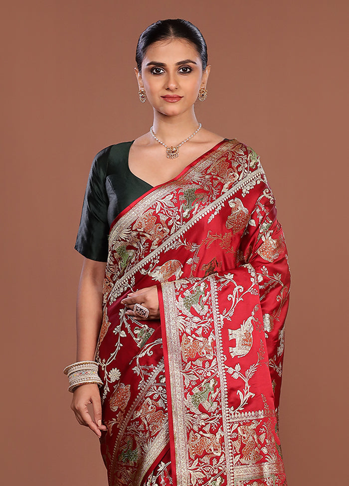 Red Handloom Banarasi Pure Silk Saree With Blouse Piece