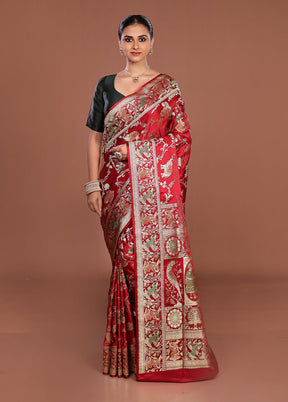 Red Handloom Banarasi Pure Silk Saree With Blouse Piece