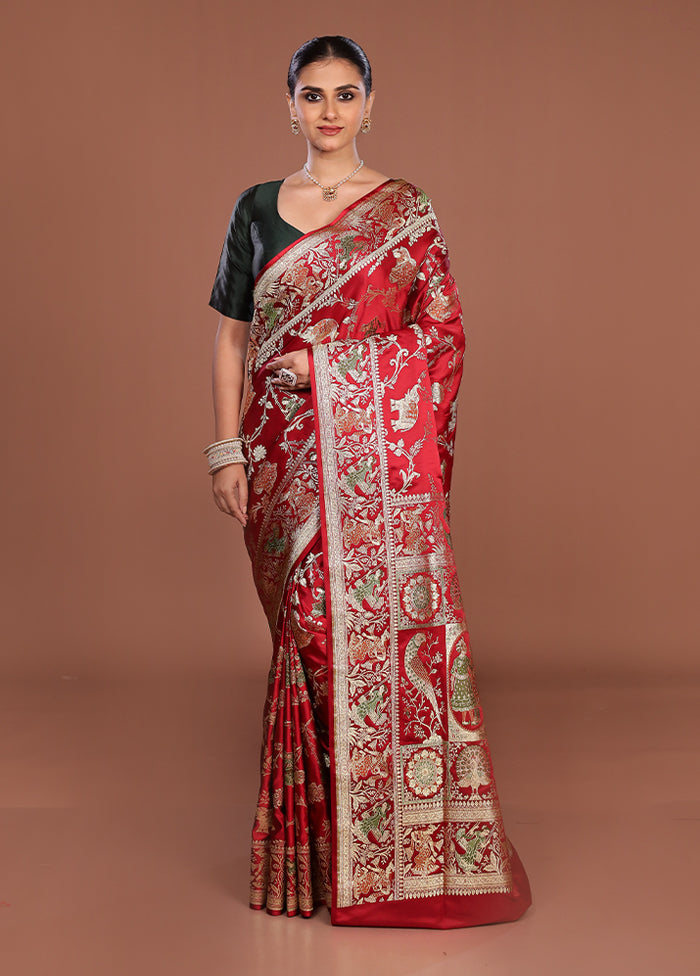 Red Handloom Banarasi Pure Silk Saree With Blouse Piece
