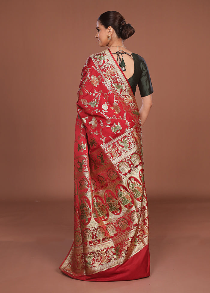 Red Handloom Banarasi Pure Silk Saree With Blouse Piece